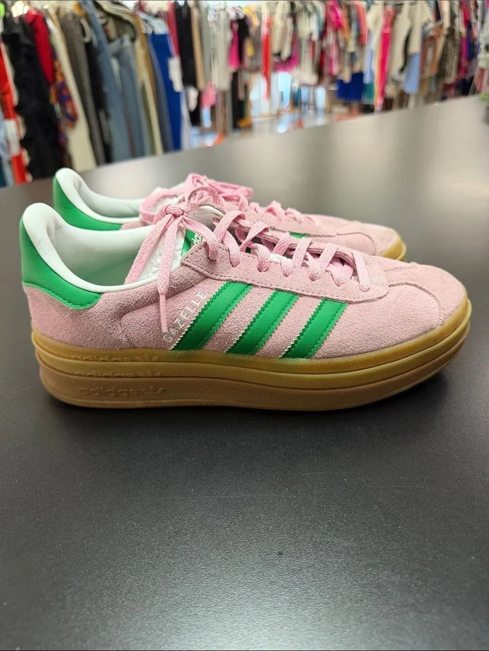 adidas Pink Suede Sneakers with Green Stripes and Gum Platform - Picture 6 of 10